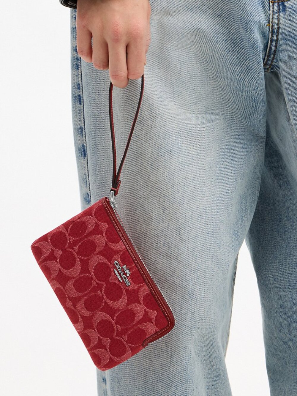Coach Corner Zip Wristlet In Signature Denim